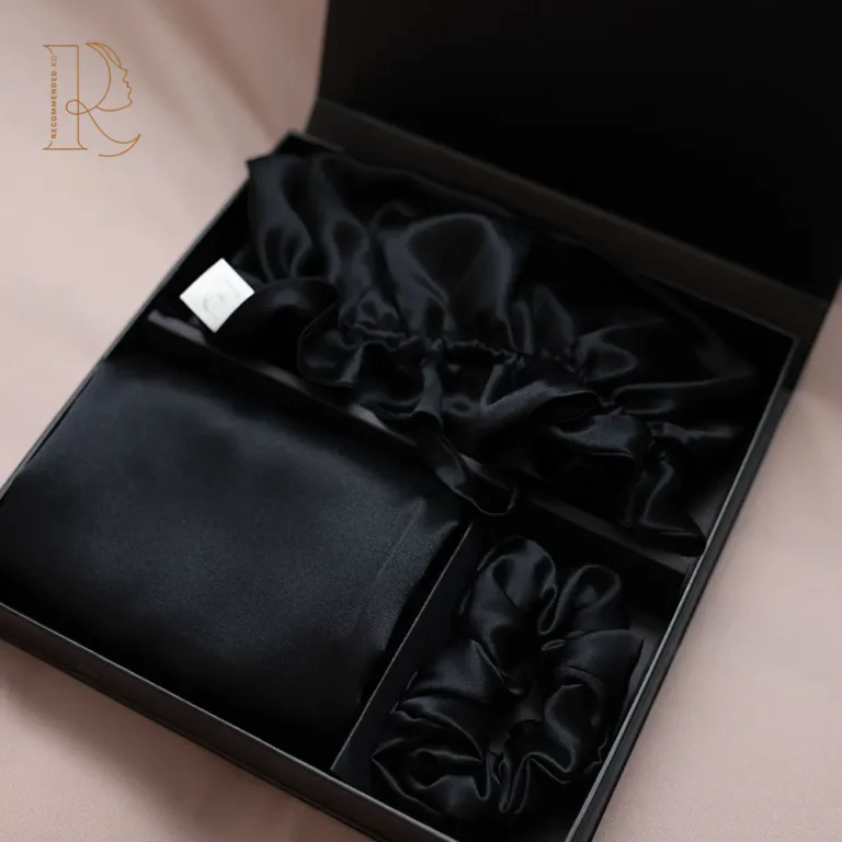 Set Mătase Mulberry Black – Față de Pernă, Bonetă și Elastic de Păr