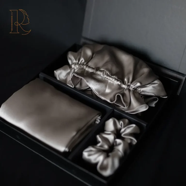 Set Mătase Mulberry Dark Grey – Față de Pernă, Bonetă și Elastic de Păr